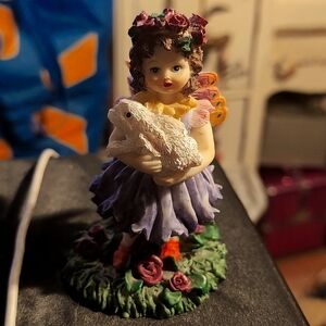 AVAILABLE - Vintage Rose garden fairy w/ white rabbit 5" tall.